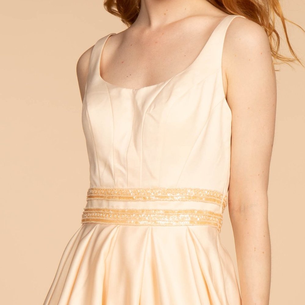 NEW LONG SLEEVELESS A-LINE SATIN DRESS WITH SCOOP NECKLINE AND SHEER BACK GL2531 - Picture 4 of 10